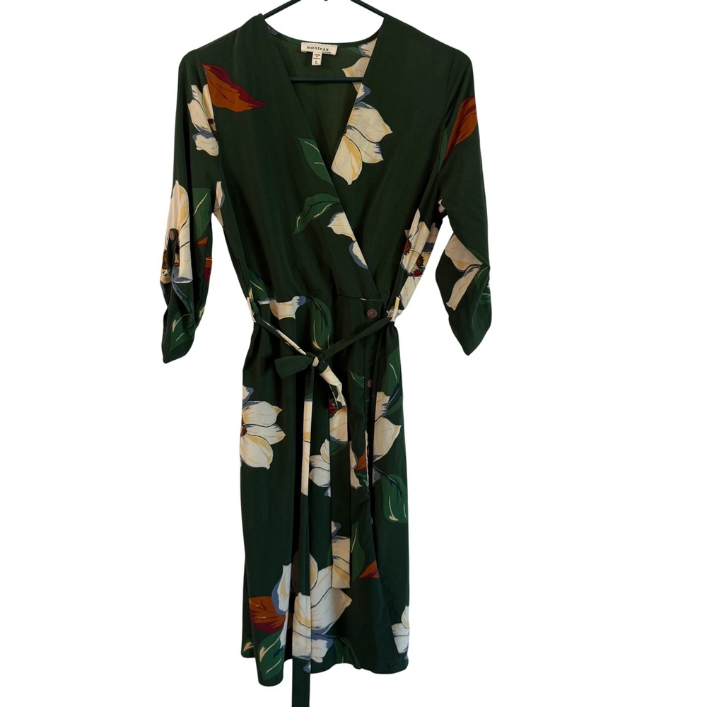 Monteau Forest green Floral Flowy v neck midi women's large dress tie back nwot - Picture 2 of 13